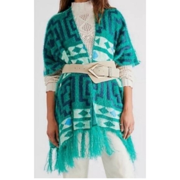 Free People Diamondback Cozy Kimono Green Poncho Southwestern OS Fuzzy - Picture 1 of 8